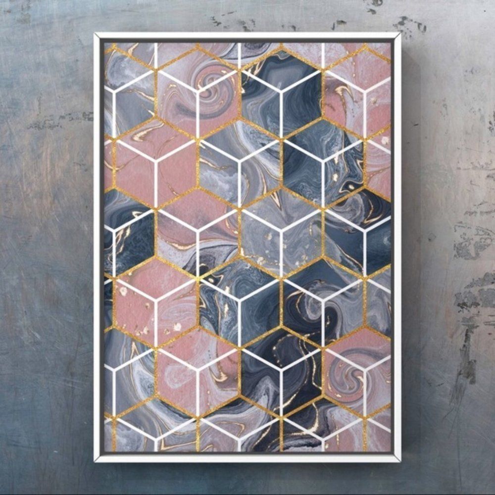 Acrylic pour pink grey texture gold cube art print